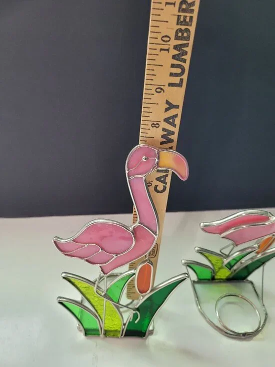 Stained Glass Flamingo Candle Holders Pink & Green 8 Inches Tall Set Of 2 - Picture 3 of 7